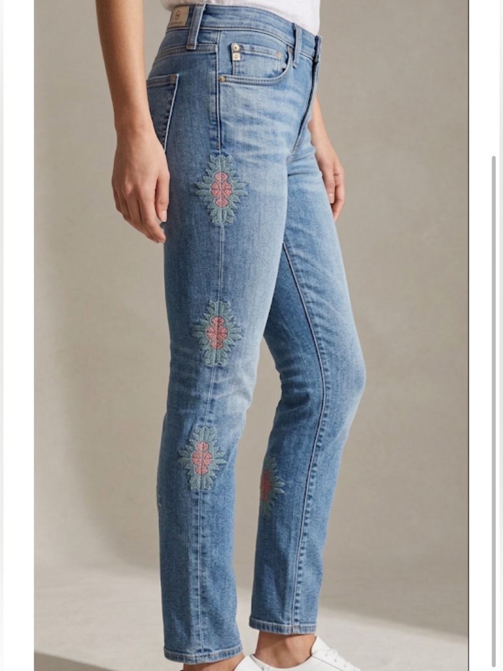 Ag Adriano Goldschmied Stilt Cigarette leg Skinny Jeans with Pink Floral Embroid